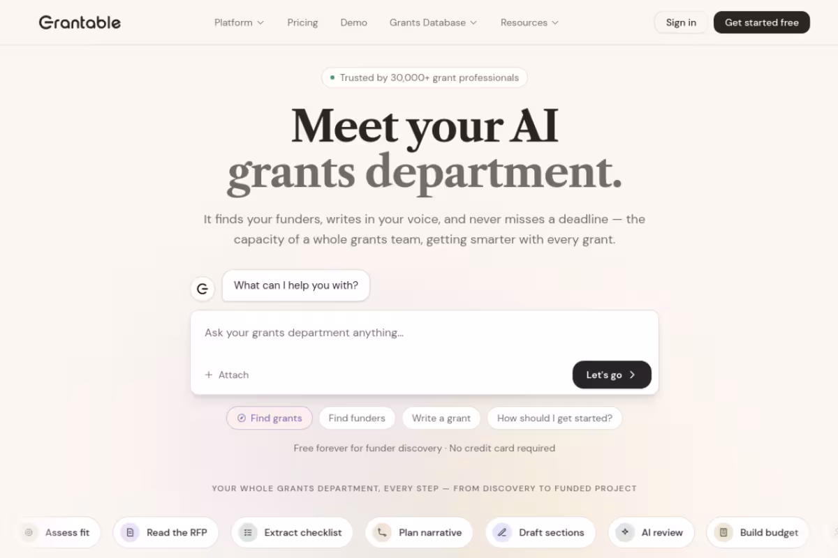 Grantable homepage screenshot