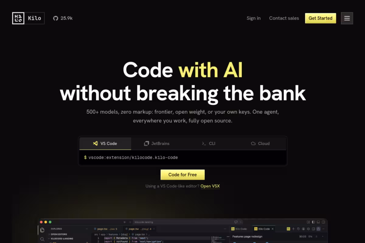Kilo Code homepage screenshot