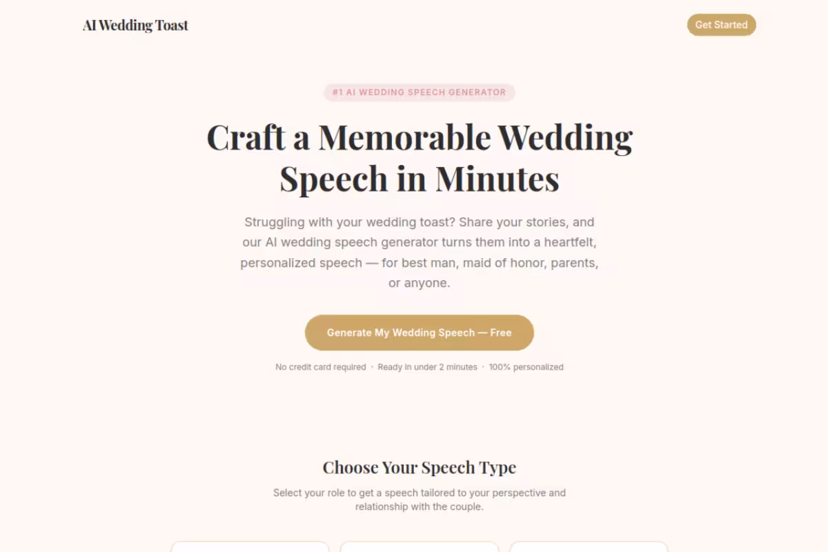 AI Wedding Toast homepage screenshot