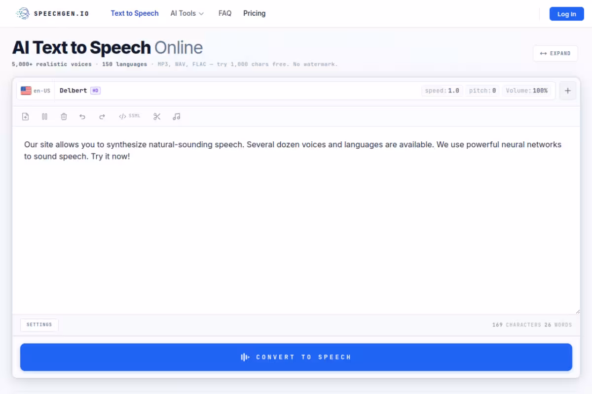 Realistic Text to Speech converter & AI Voice generator homepage screenshot