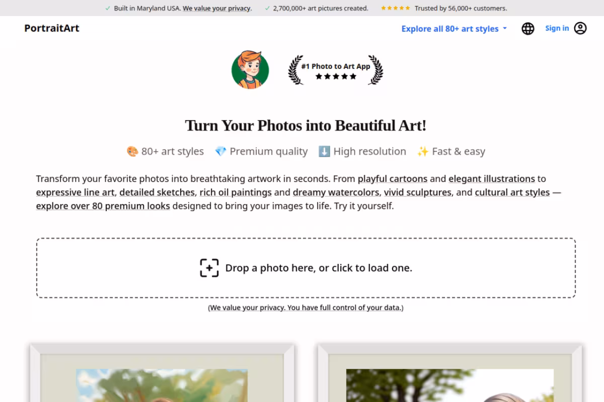PortraitArt homepage screenshot