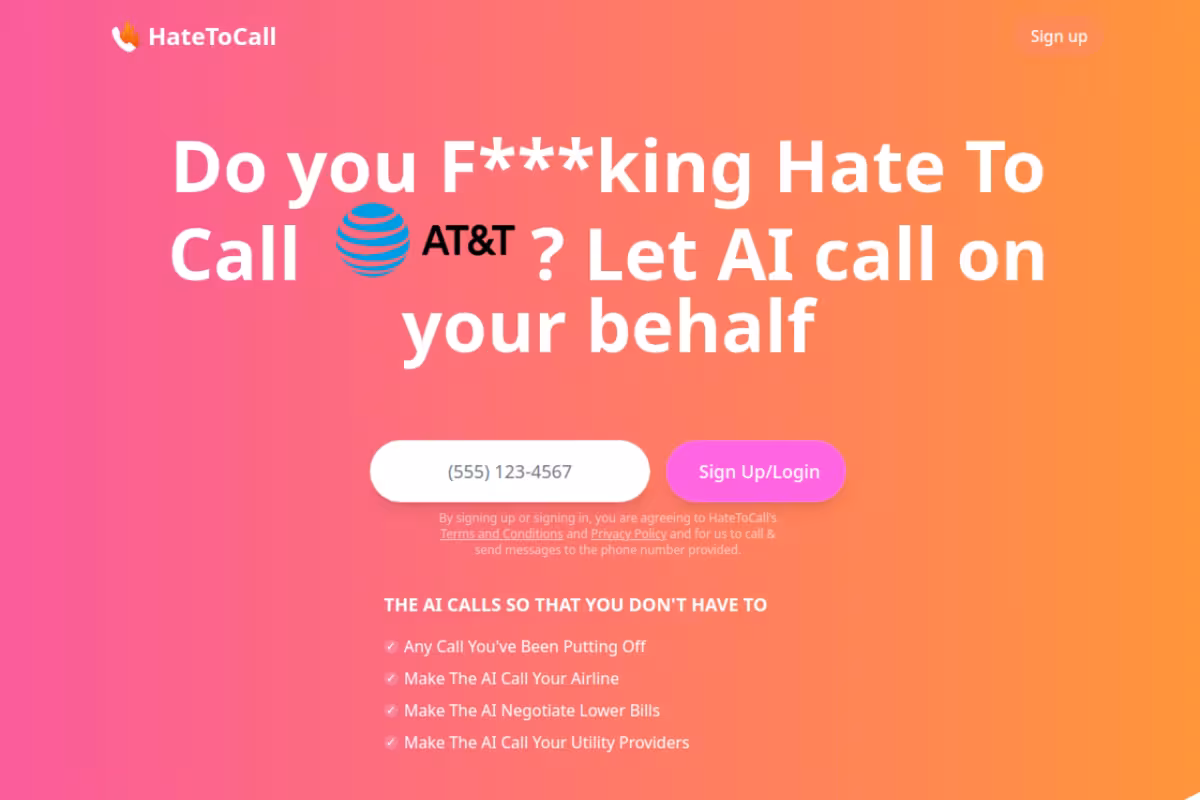 HateToCall.com homepage screenshot