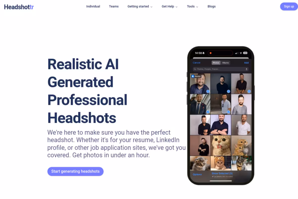 Get the best AI Headshots with our AI headshot generator, starting at just $19 homepage screenshot