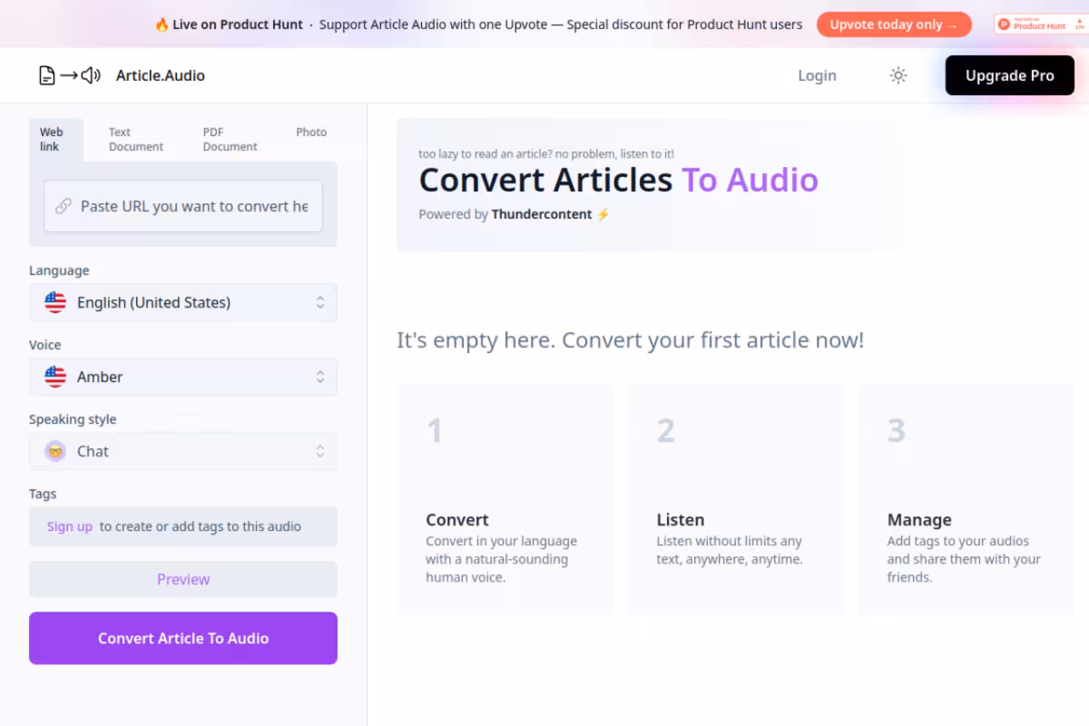 Article Audio homepage screenshot