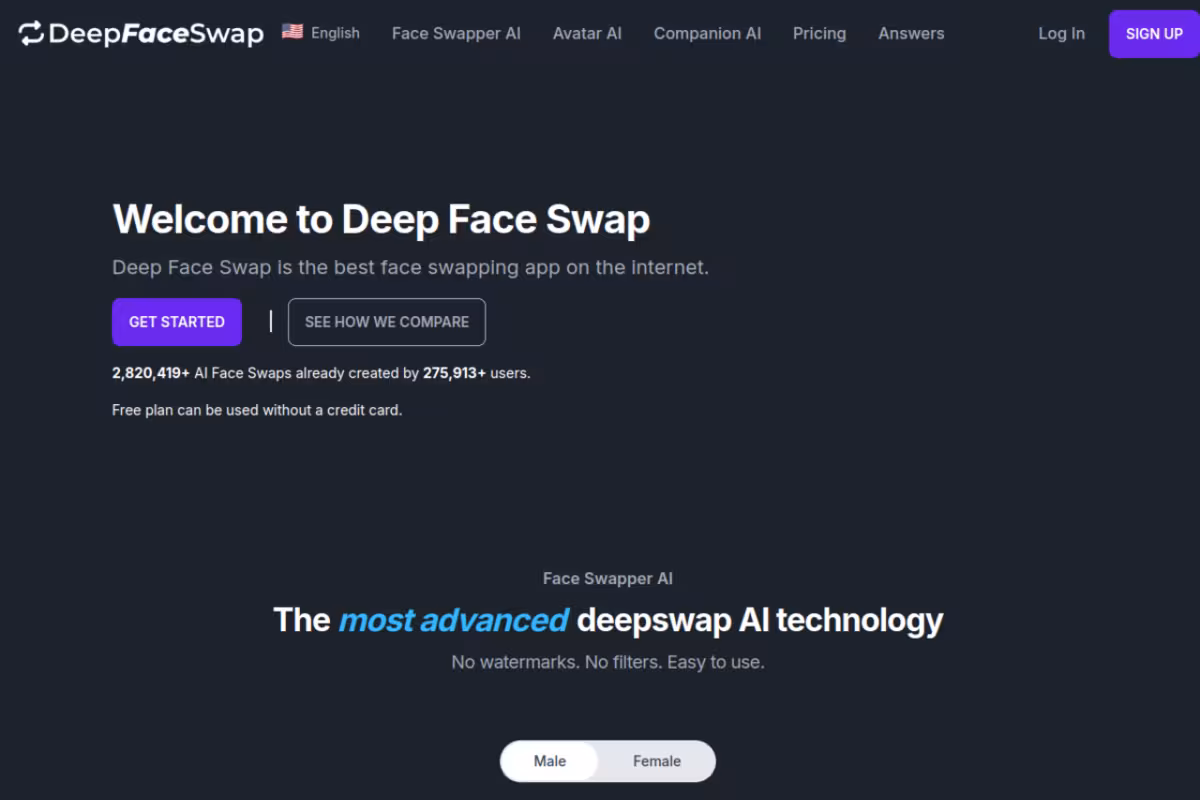 Deep Face Swap homepage screenshot