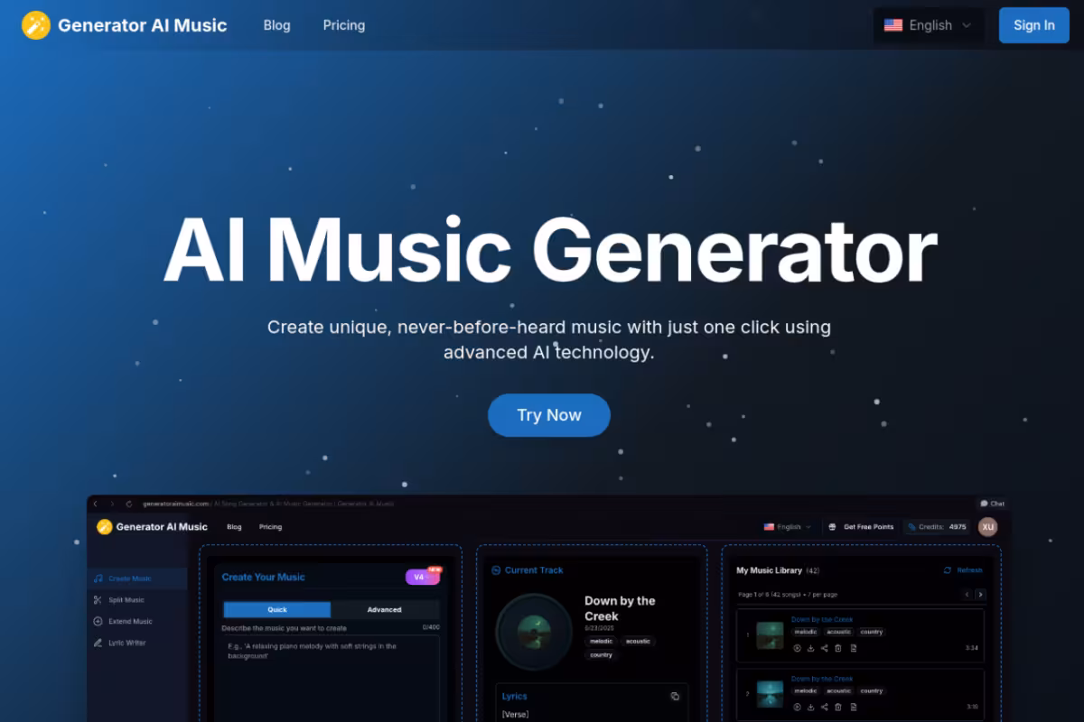 Generator AI Music homepage screenshot