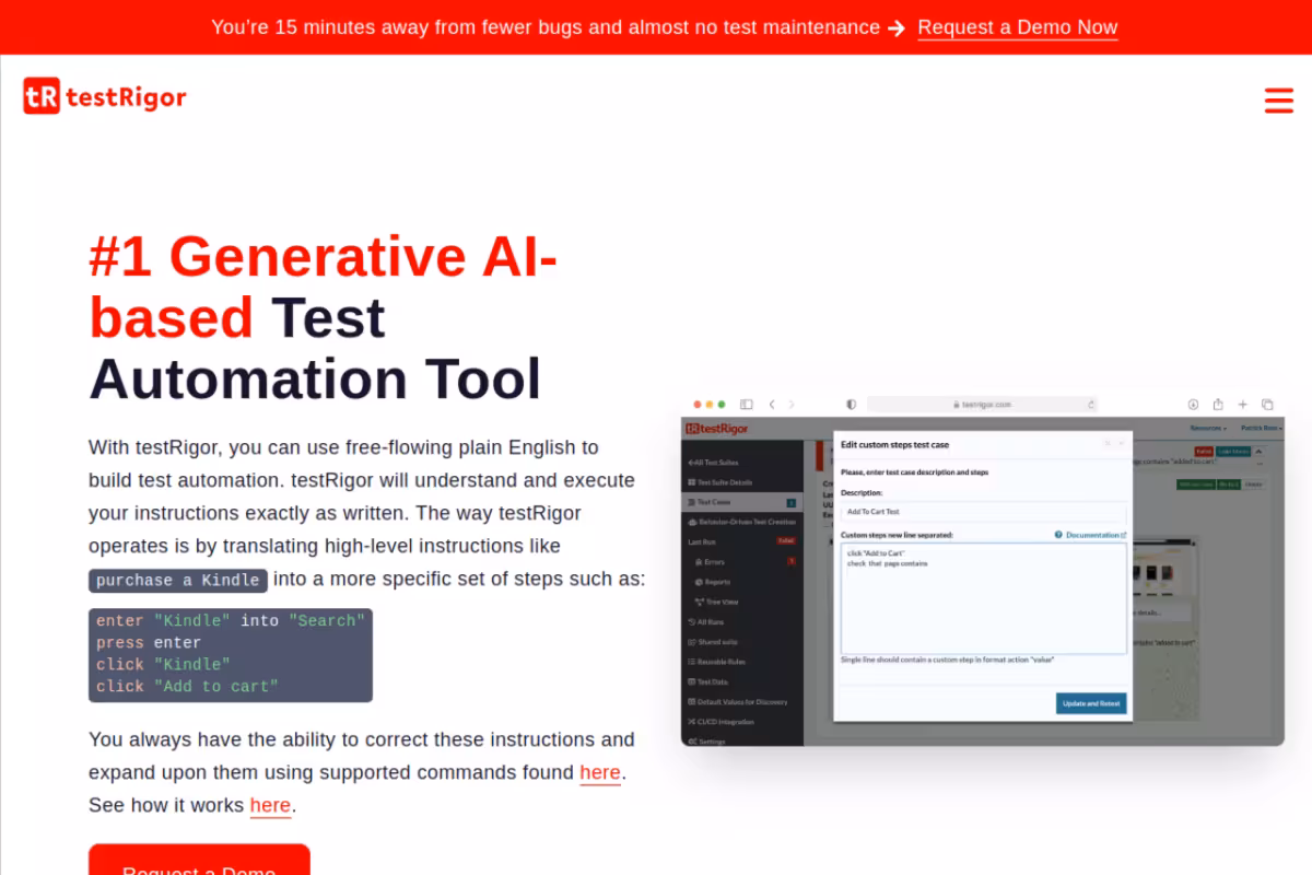 testRigor Software Testing homepage screenshot