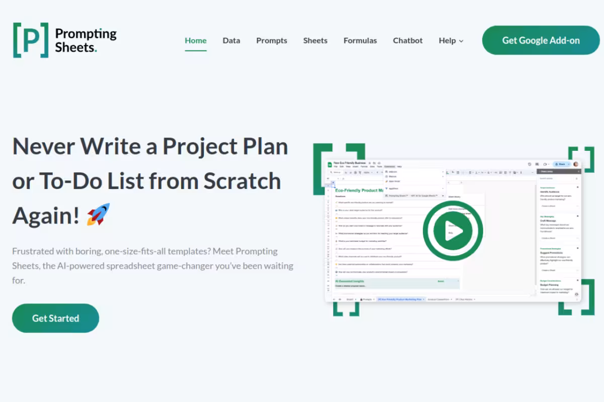 Prompting Sheets homepage screenshot