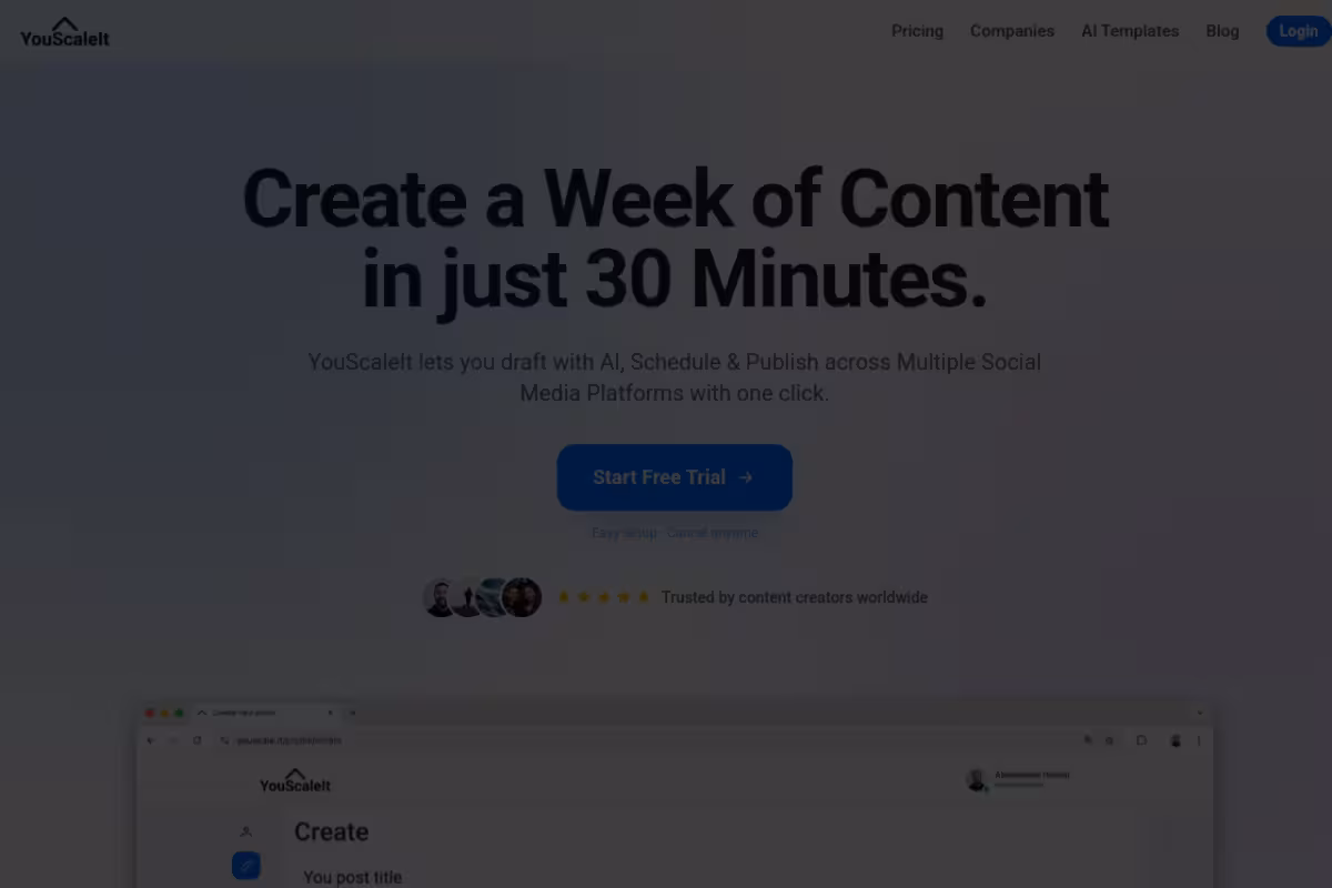 YouScaleIt helps you create, schedule, and grow across LinkedIn, X, Bluesky, Instagram, and Facebook homepage screenshot