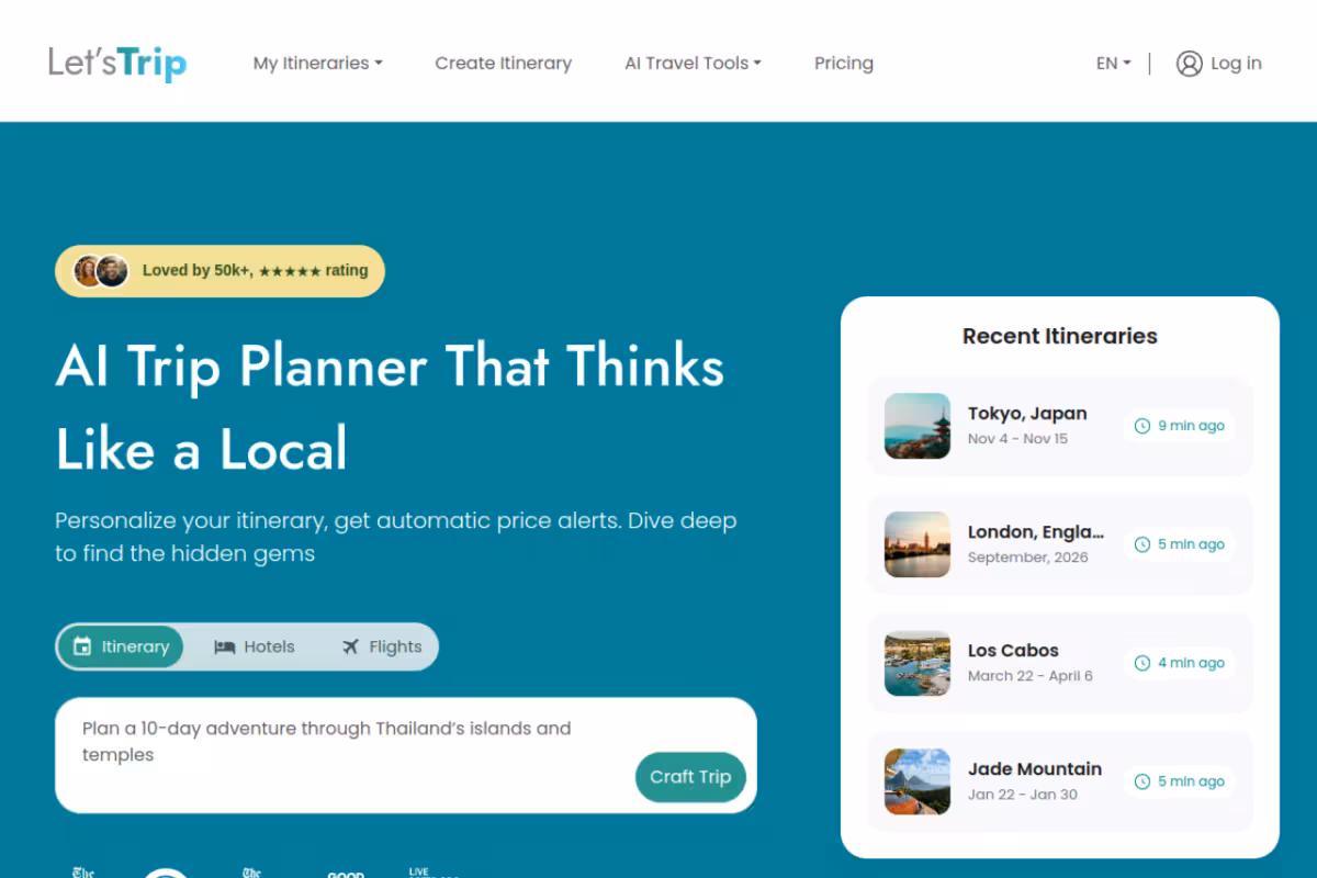 Smart Itineraries homepage screenshot