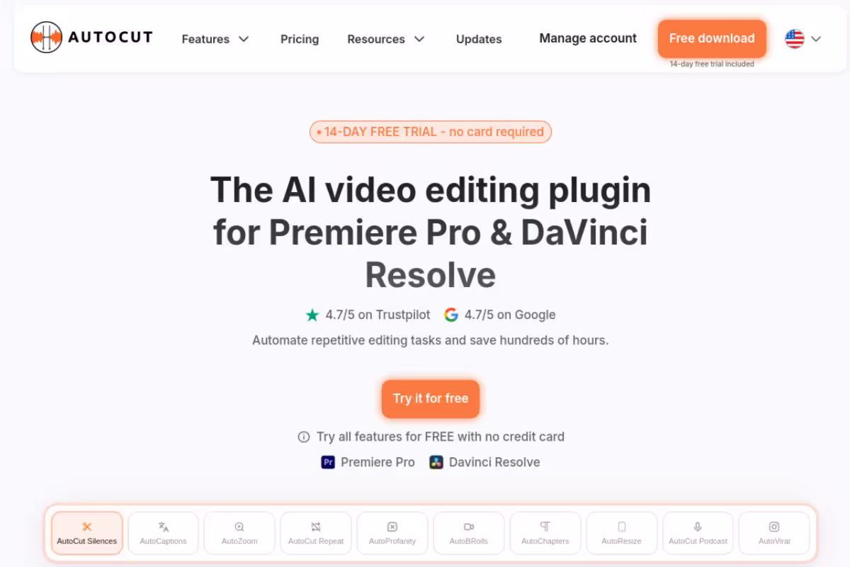AutoCut AI Plugin homepage screenshot