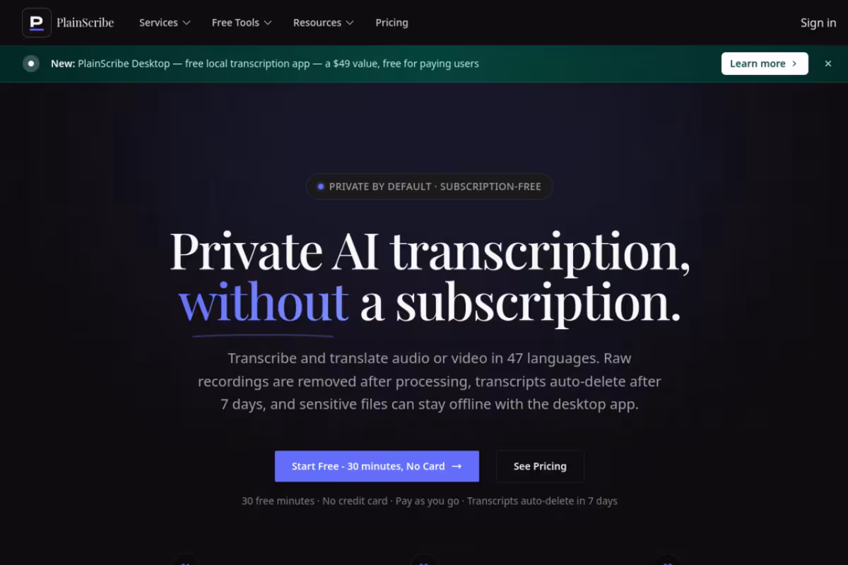 Plainscribe homepage screenshot