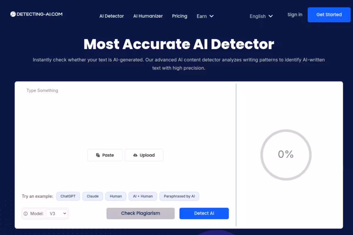 AI Detector & AI Checker for ChatGPT, Gemini, Claude, & More homepage screenshot
