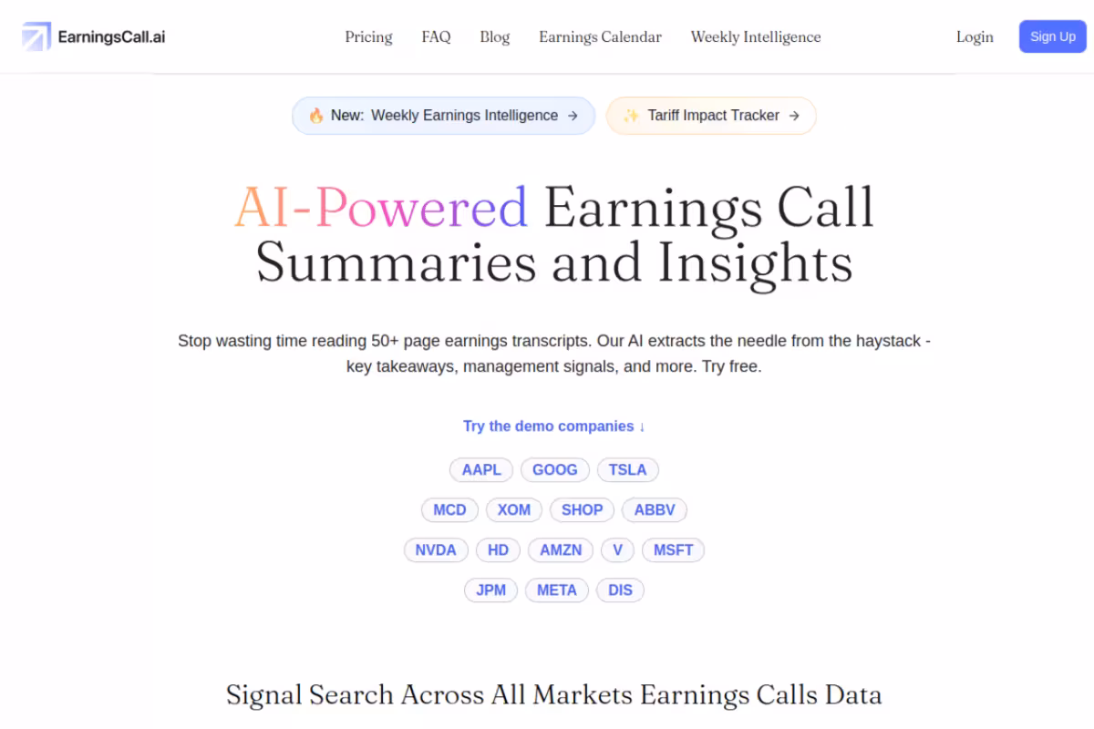 AI-Powered Stock Earnings Call Summaries and Insights homepage screenshot
