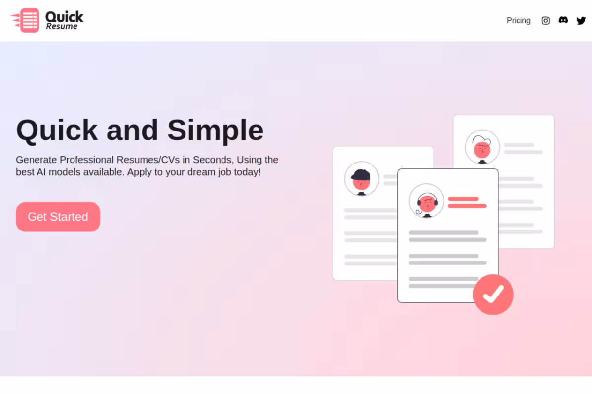 Quick Resume homepage screenshot