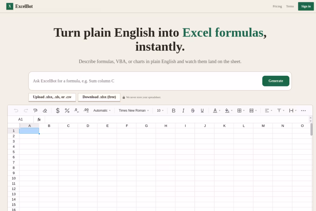 ExcelBot homepage screenshot