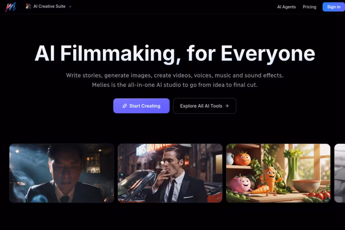 Melies AI Screenwriting Software homepage screenshot