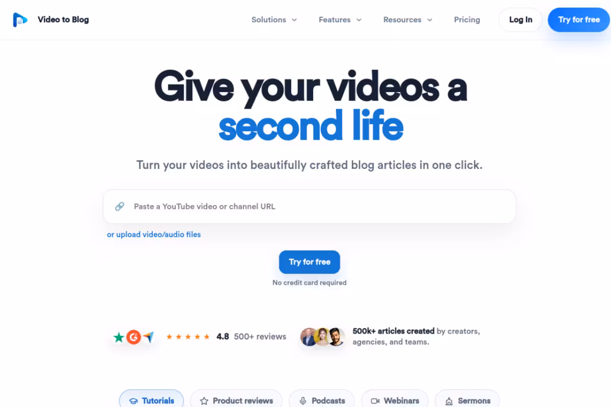 Video To Blog homepage screenshot