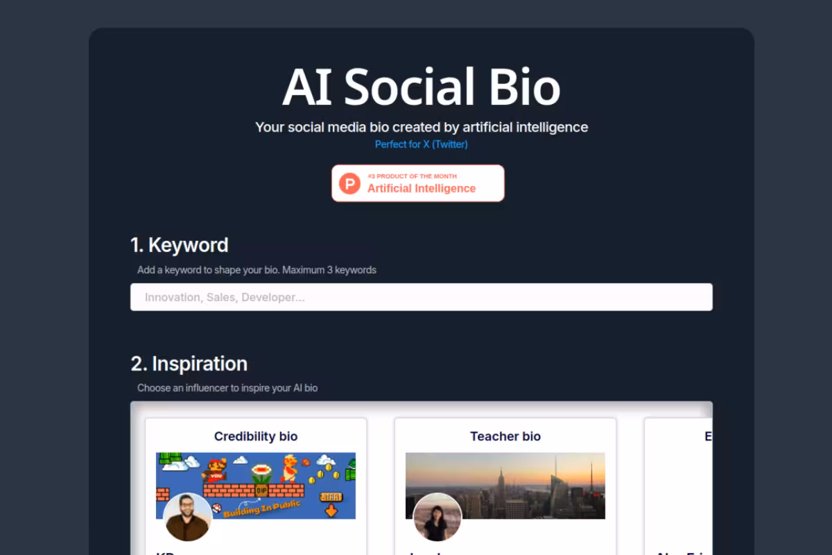 AI Social Bio homepage screenshot