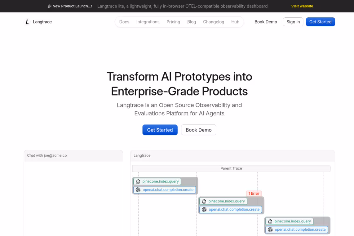 Langtrace homepage screenshot
