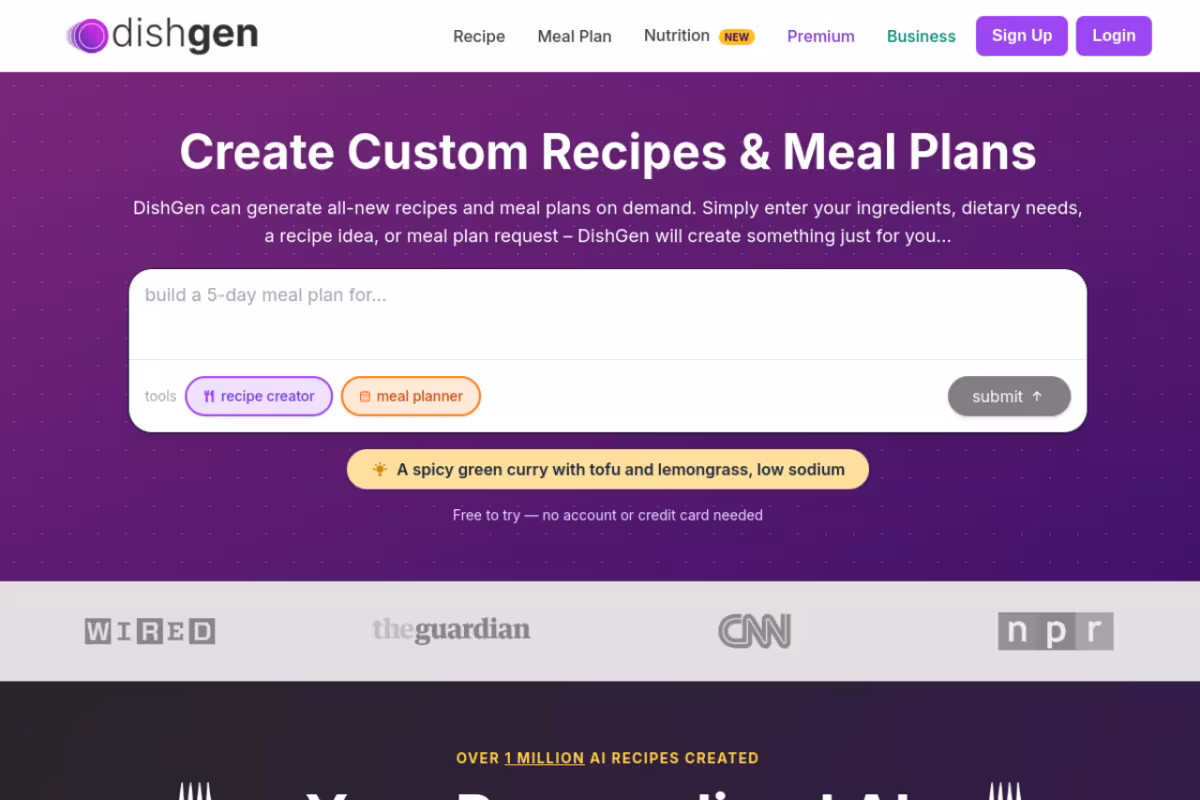 AI Recipe Generator by DishGen homepage screenshot