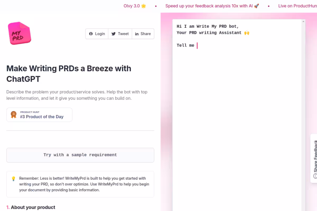 Write My PRD homepage screenshot