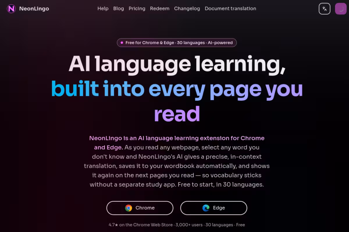 Turn the internet into your language environment homepage screenshot