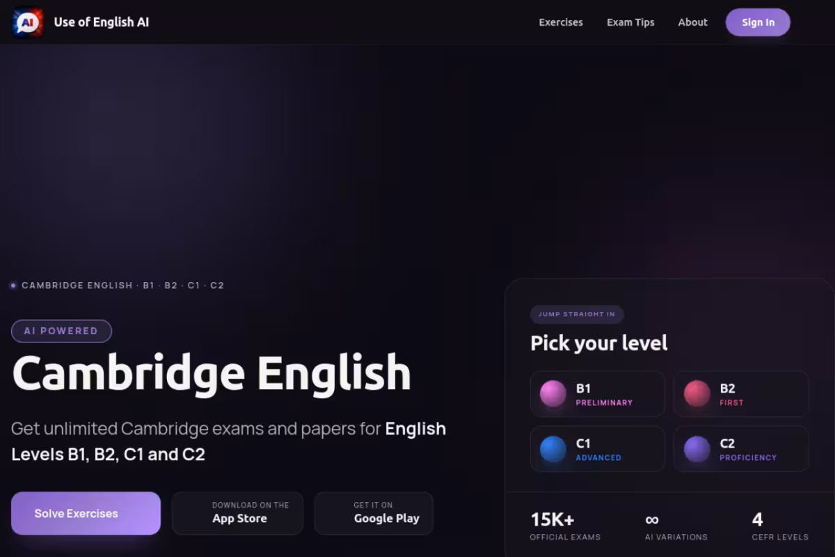Use of English AI homepage screenshot