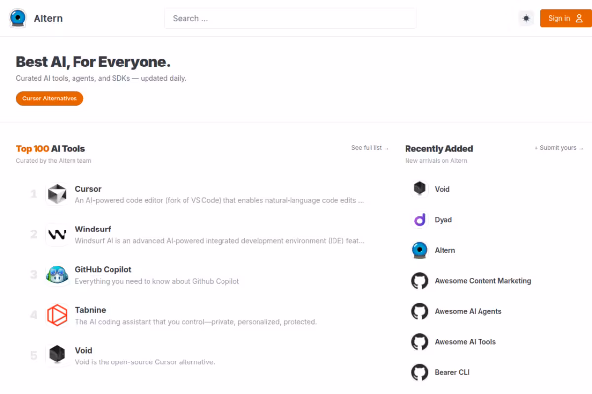 Altern homepage screenshot