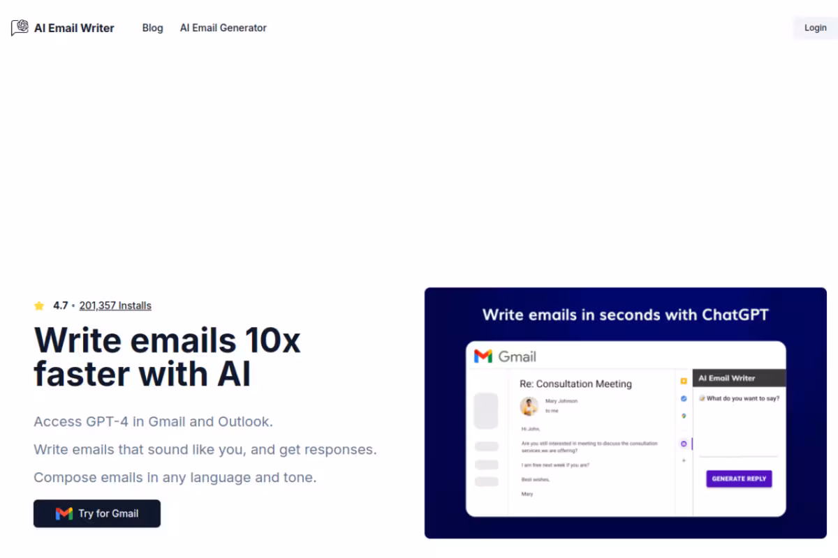 AI Email Writer homepage screenshot