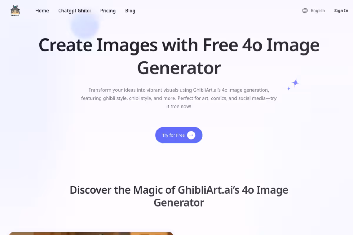Create Stunning AI Art with GhibliArt.ai’s 4o Image Generator homepage screenshot