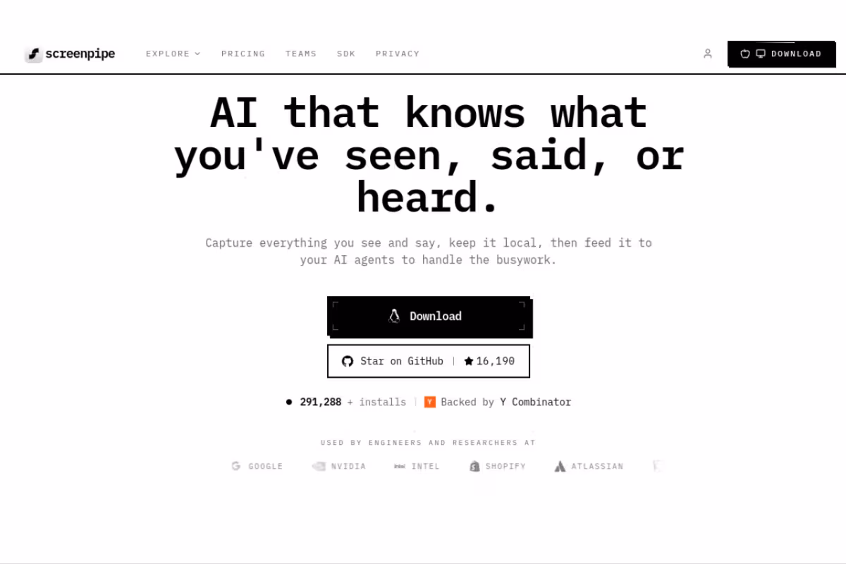 Screenpipe homepage screenshot