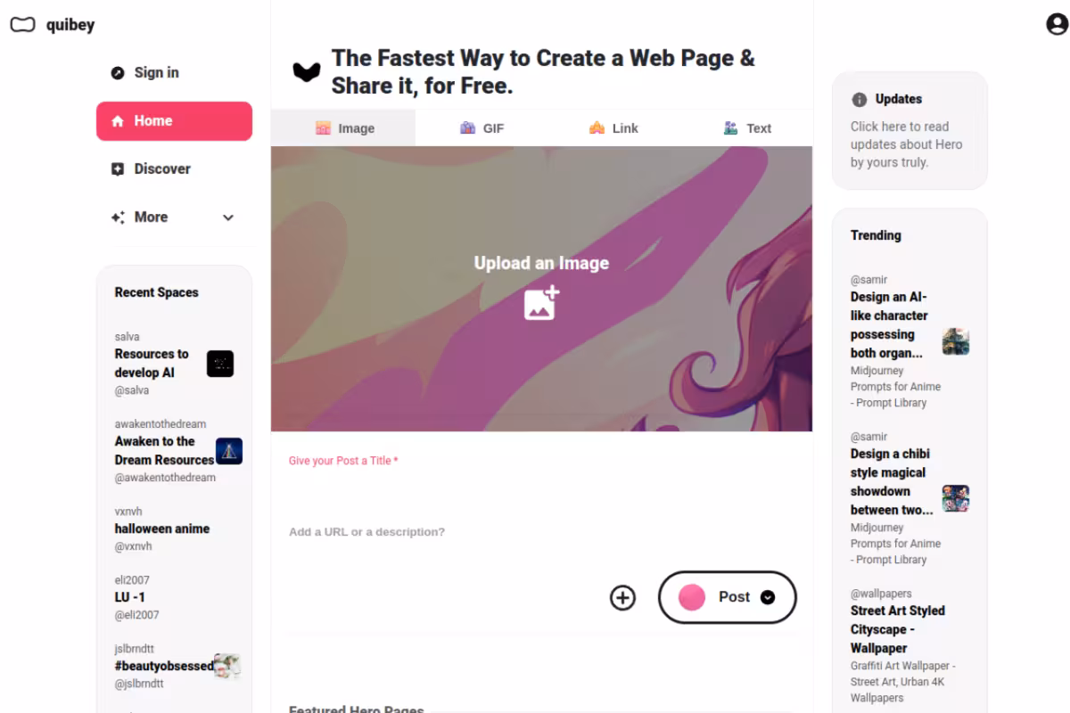 Create & Share Web Pages Fast. Photos, Text, Links, Lists. Quibey homepage screenshot