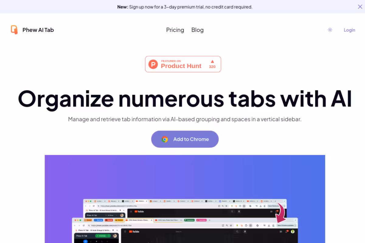 Phew AI Tab homepage screenshot