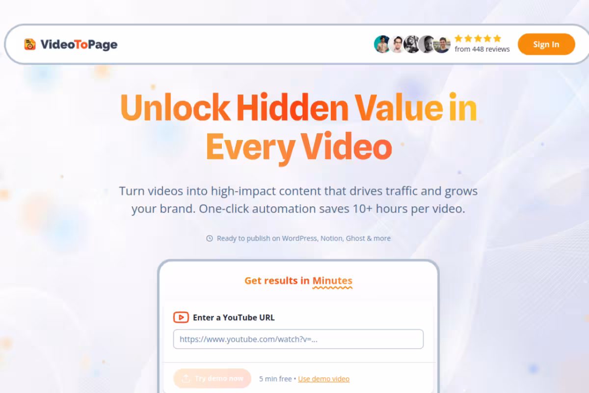 VideoToPage homepage screenshot