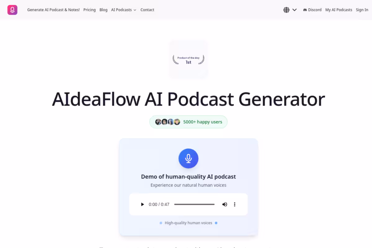 AIdeaFlow AI Podcast Generator homepage screenshot