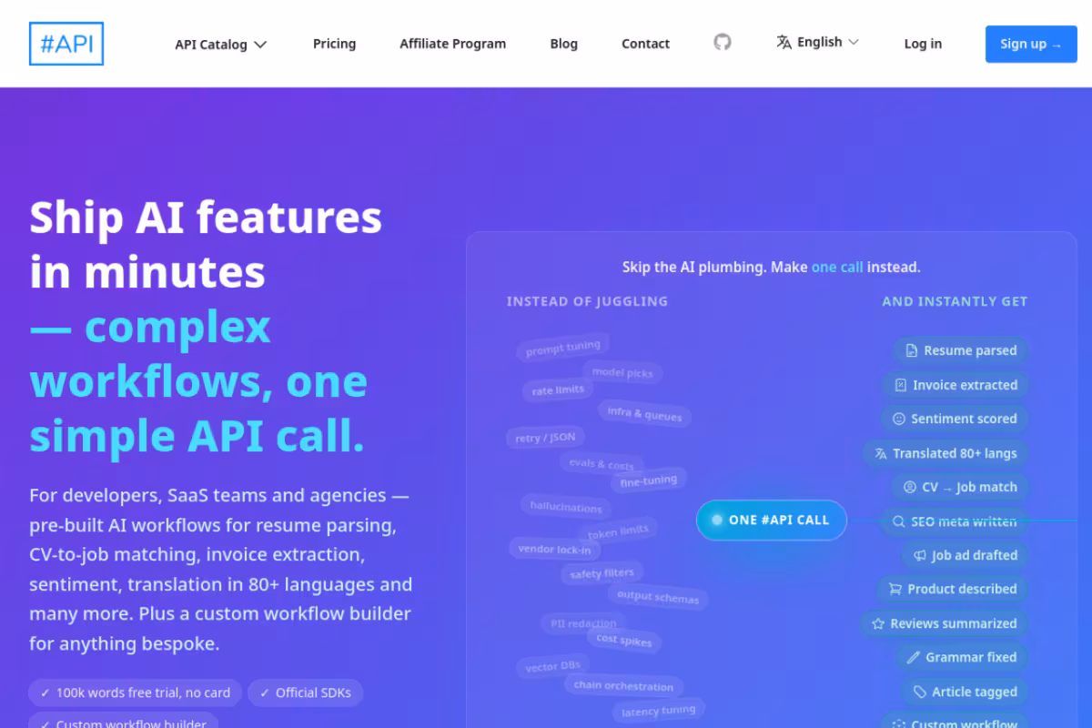 AI API for Developers homepage screenshot