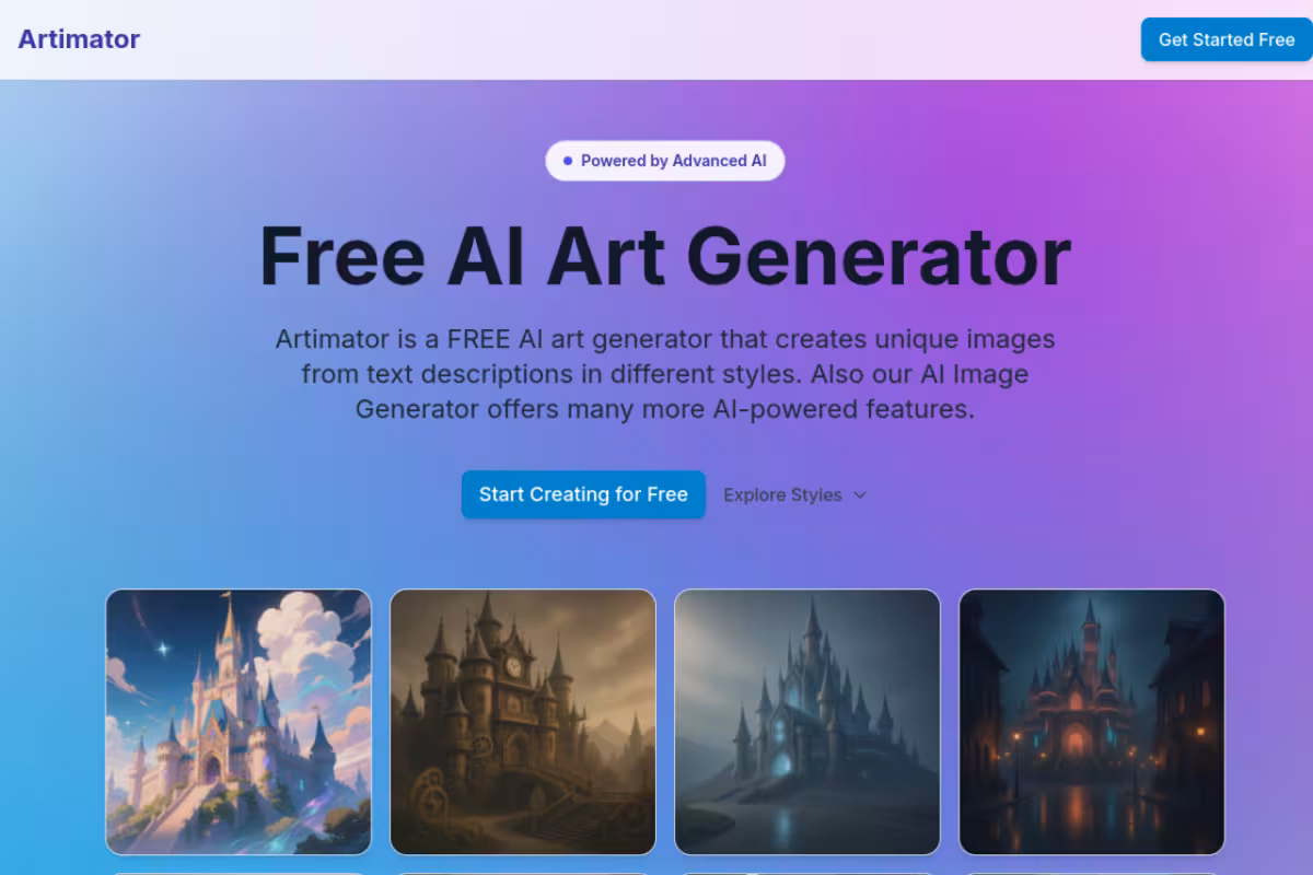 Artimator homepage screenshot