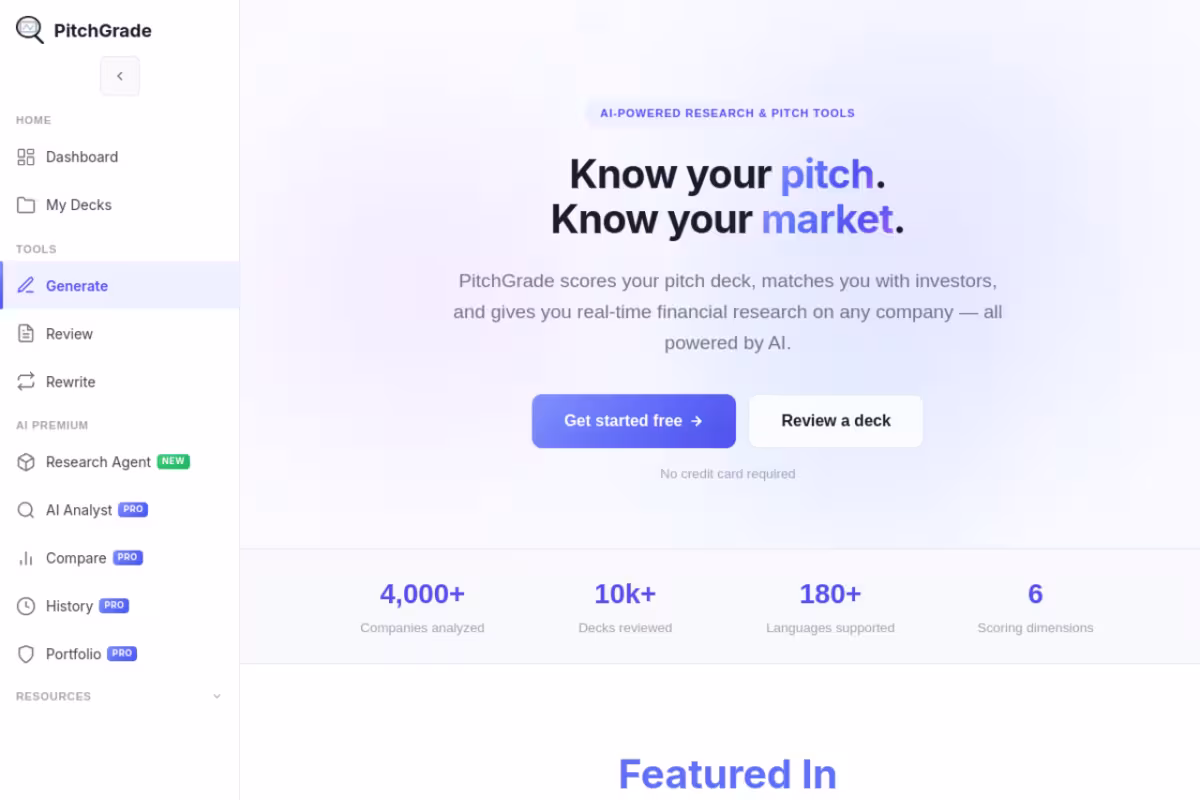 Pitchgrade homepage screenshot