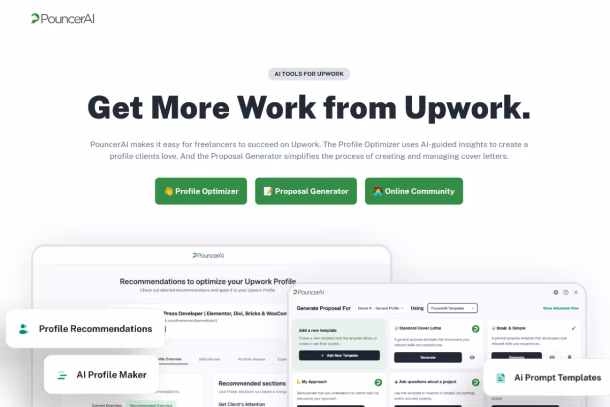 Ai Tools For Upwork Freelancers from PouncerAI homepage screenshot