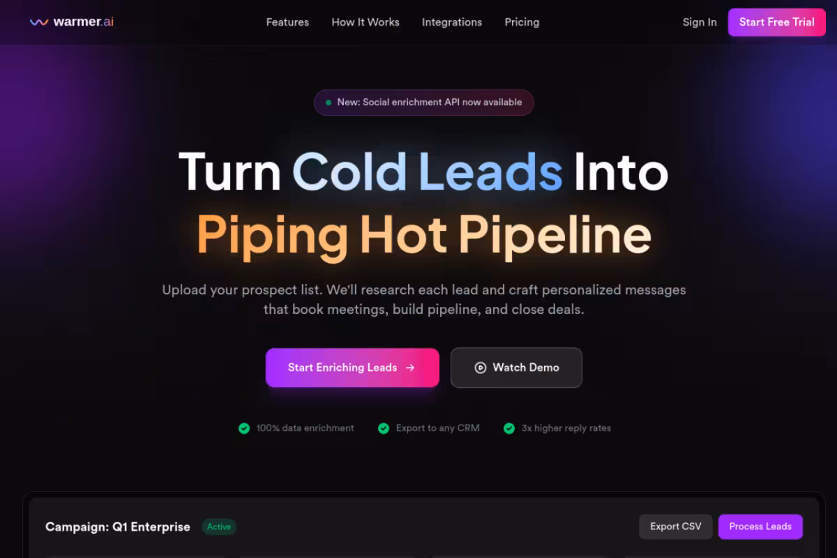 Warmer homepage screenshot