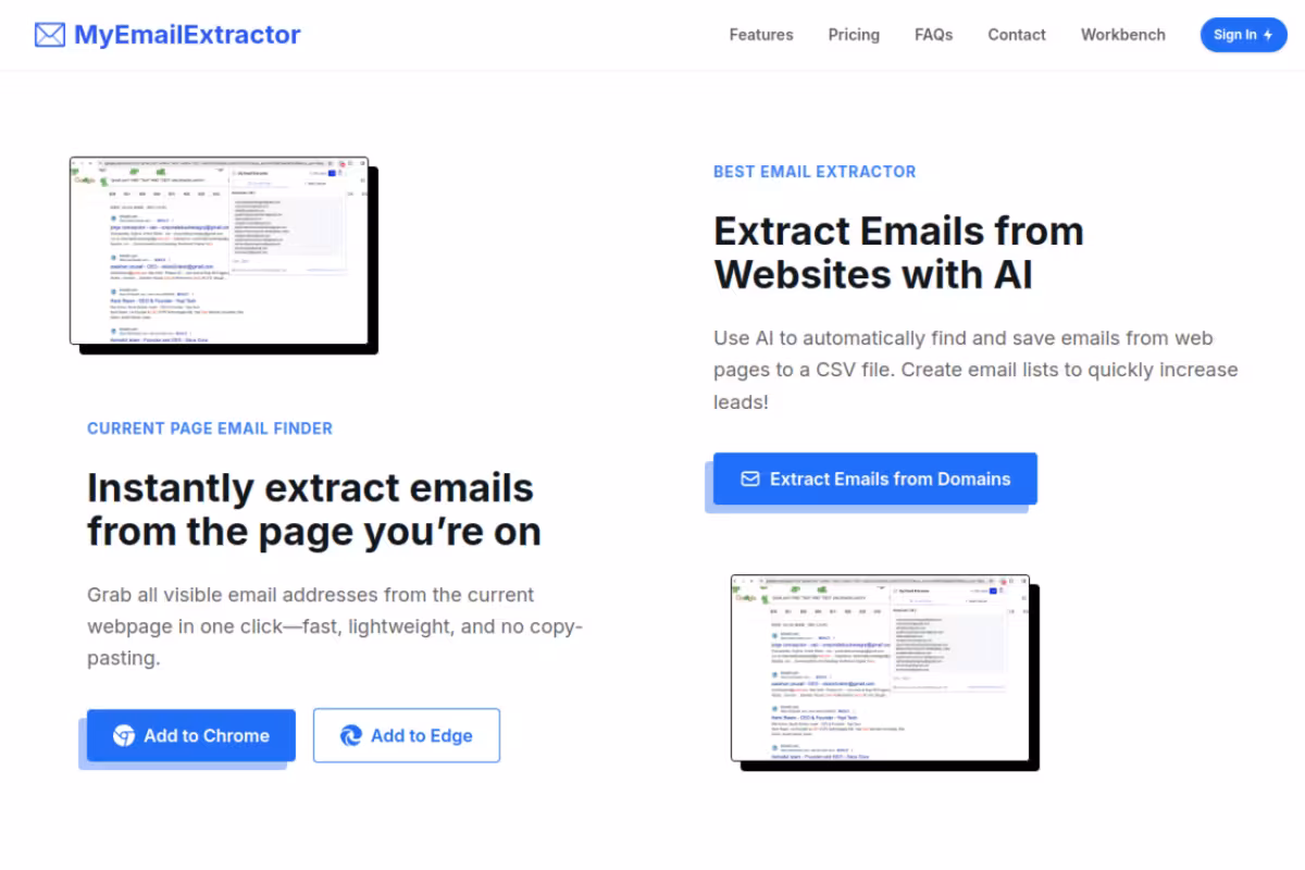 My Email Extractor homepage screenshot