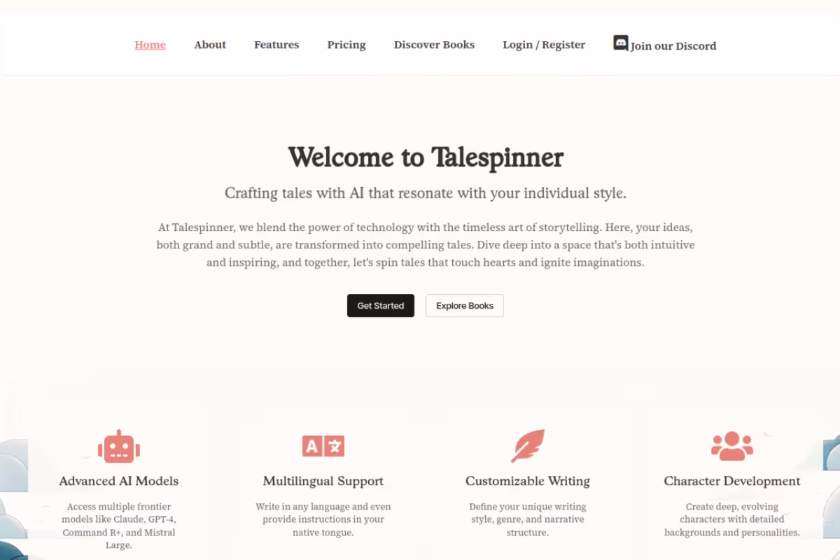 Talespinner homepage screenshot