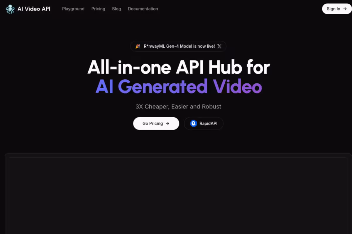 AI Video API homepage screenshot