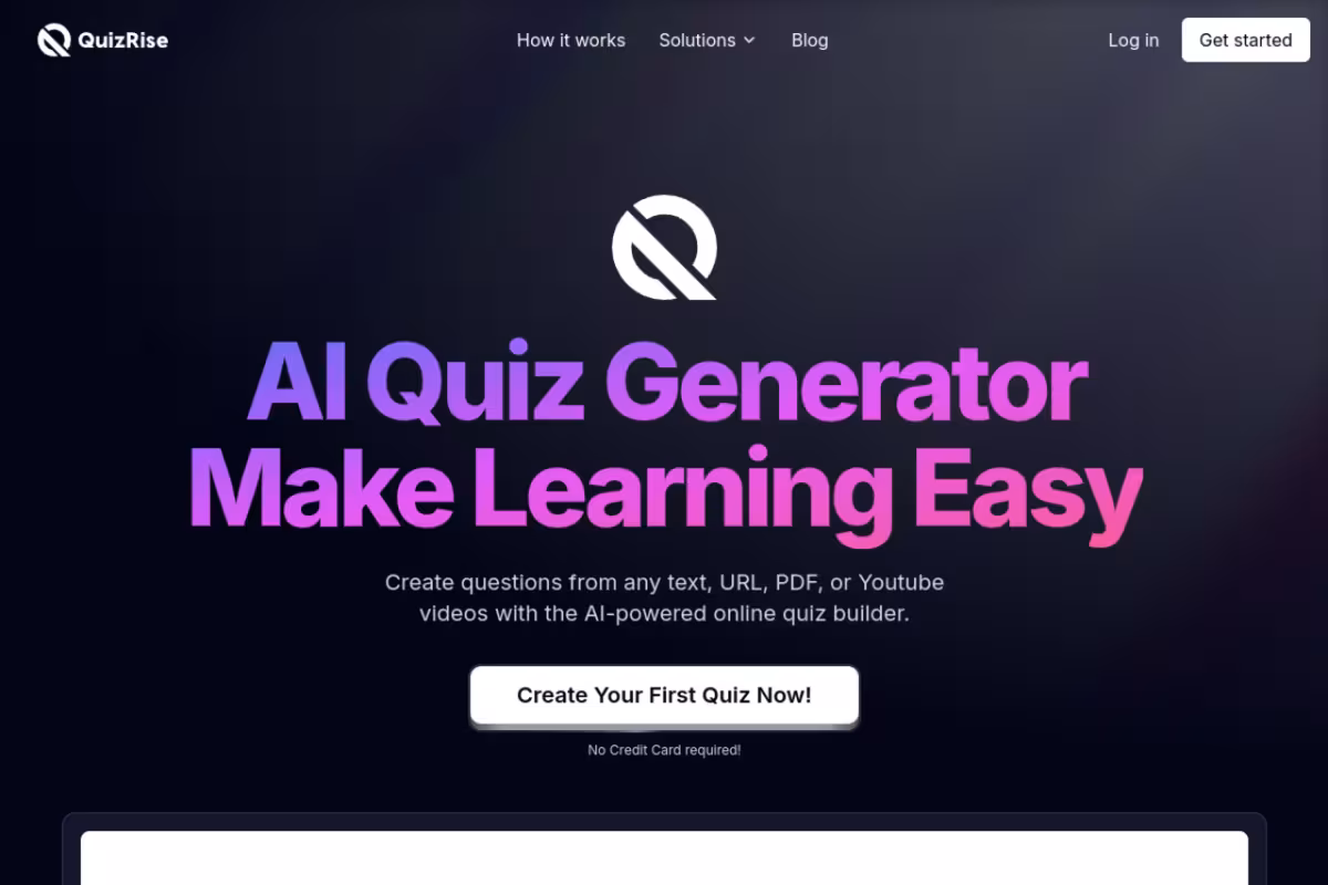 QuizRise.com homepage screenshot