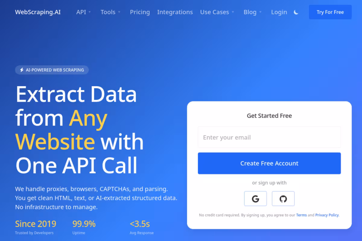 WebScraping.AI homepage screenshot