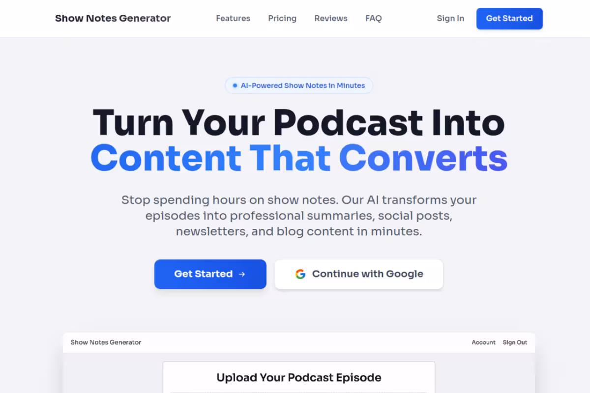 Podcast Show Notes Generator homepage screenshot