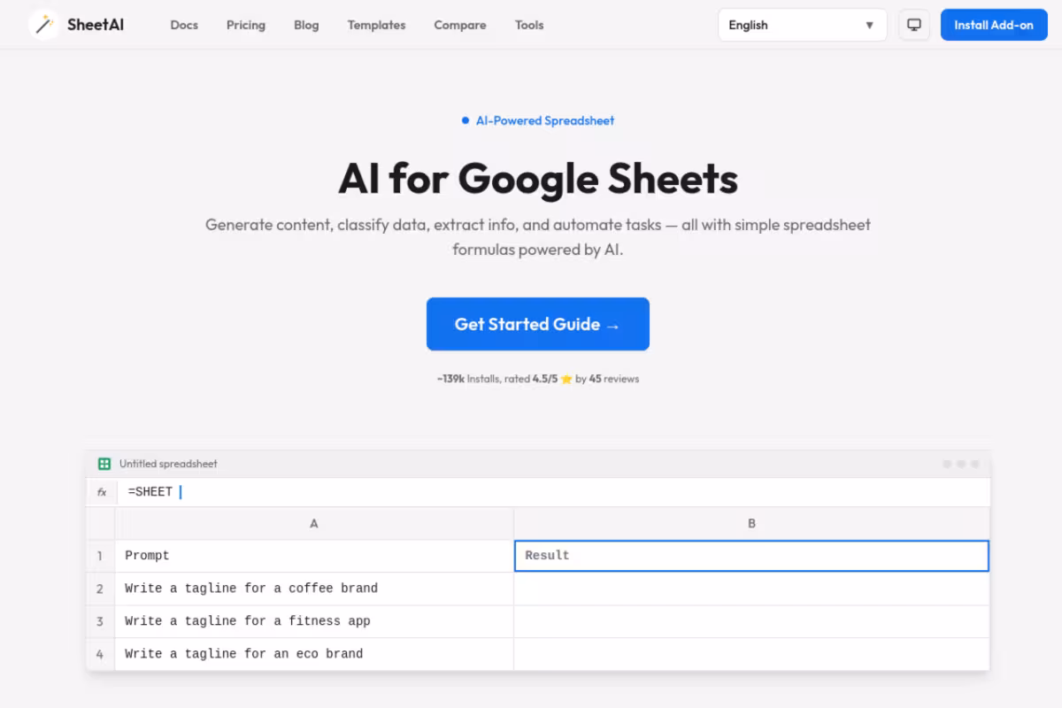 Google Sheets AI Add-on with Smart Memory & Automations homepage screenshot