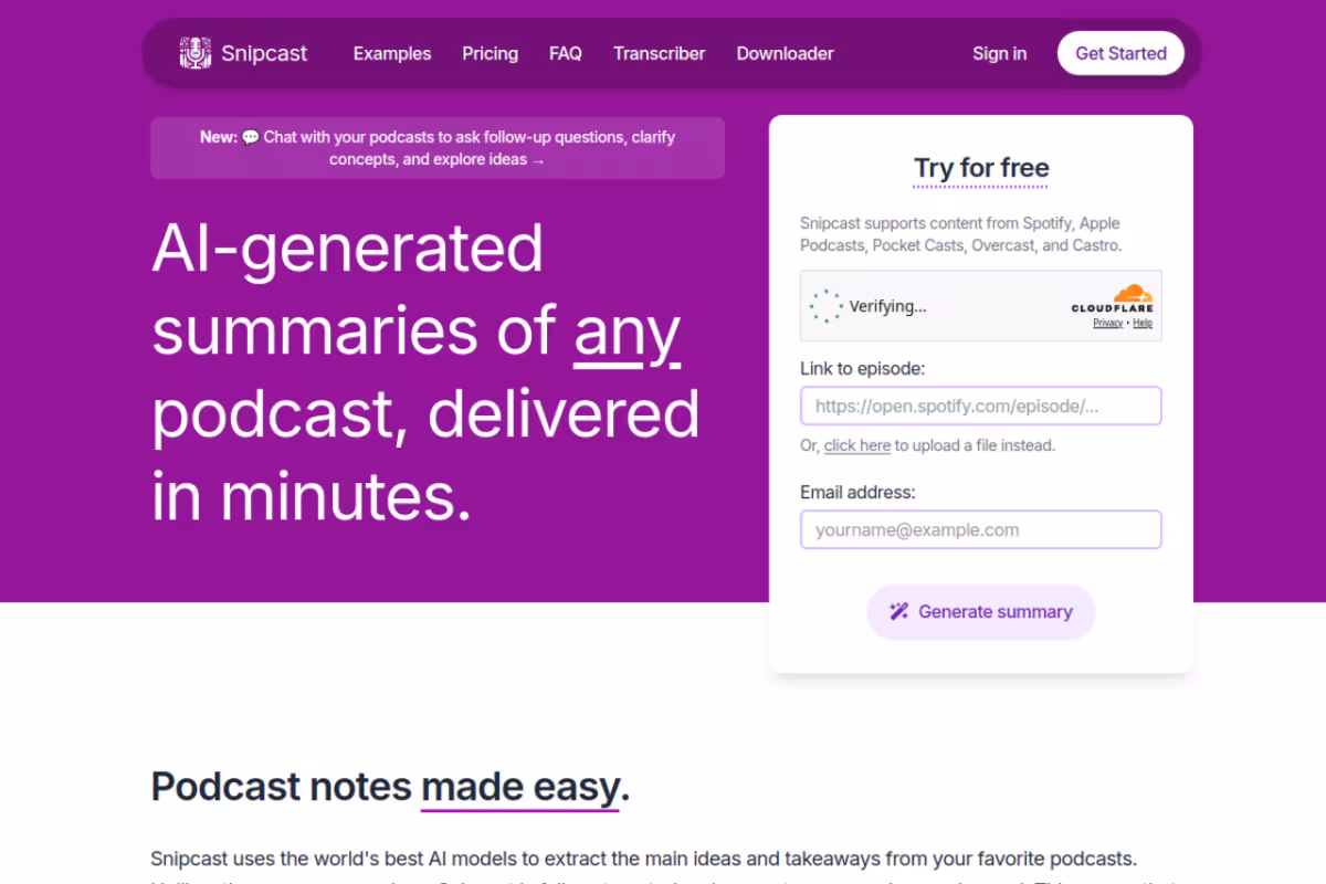 Snipcast homepage screenshot