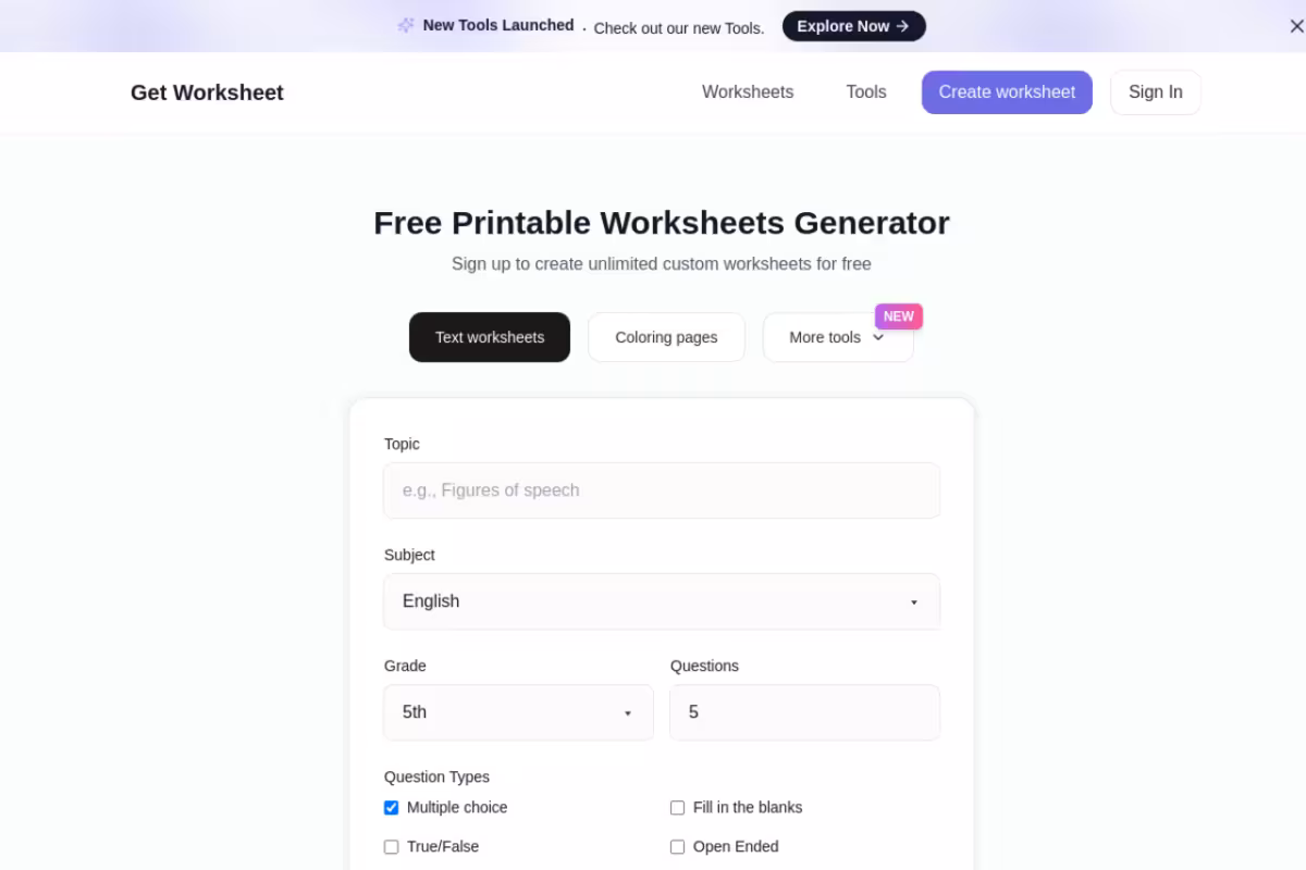 Get Worksheet homepage screenshot